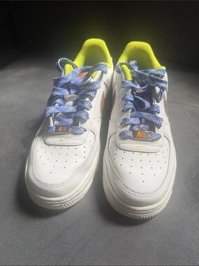 Kids Nike Air Force 1 White Sneakers with Blue Laces and Neon Yellow Accent